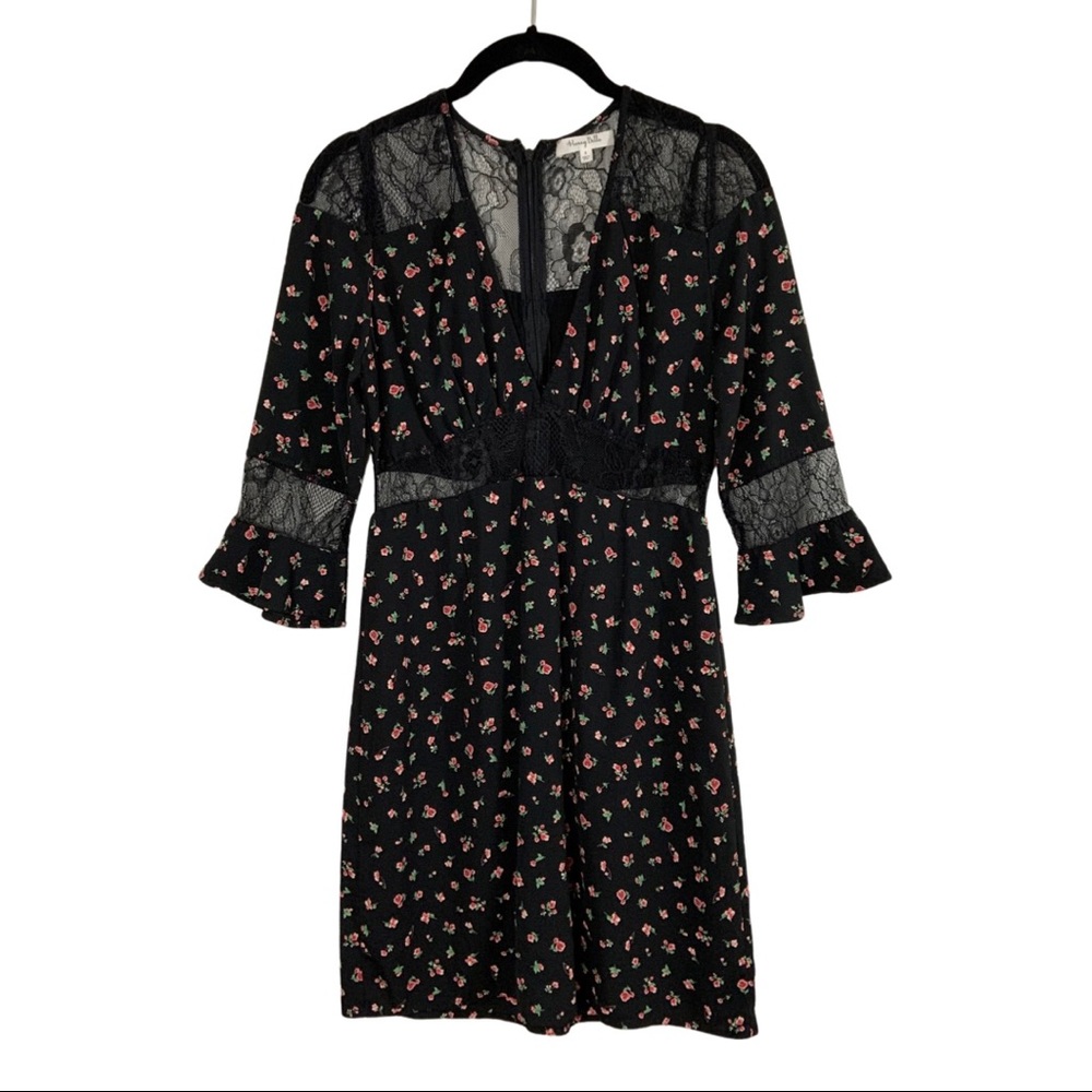 Floral V-Neck Dress with Sheer Lace Insets